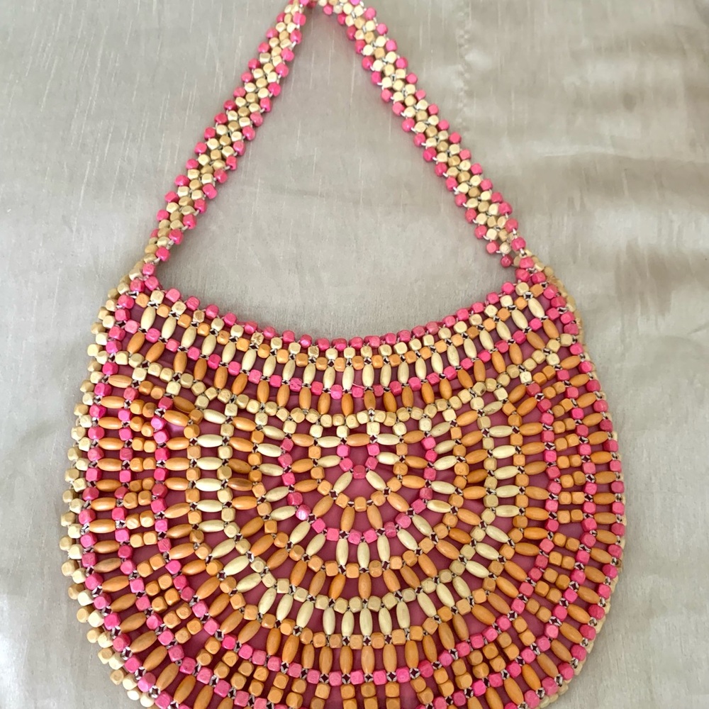 The Sak Boho Pink Tan Wooden Beaded Bag